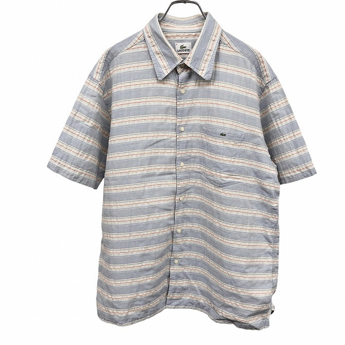 ラコステ LACOSTE シャツ ボーダー 小さいワニの刺繍 ポケット 半袖 ボックスカット 綿×麻 4 ネイビー 紺×ベージュ×ピンク メンズ拍卖