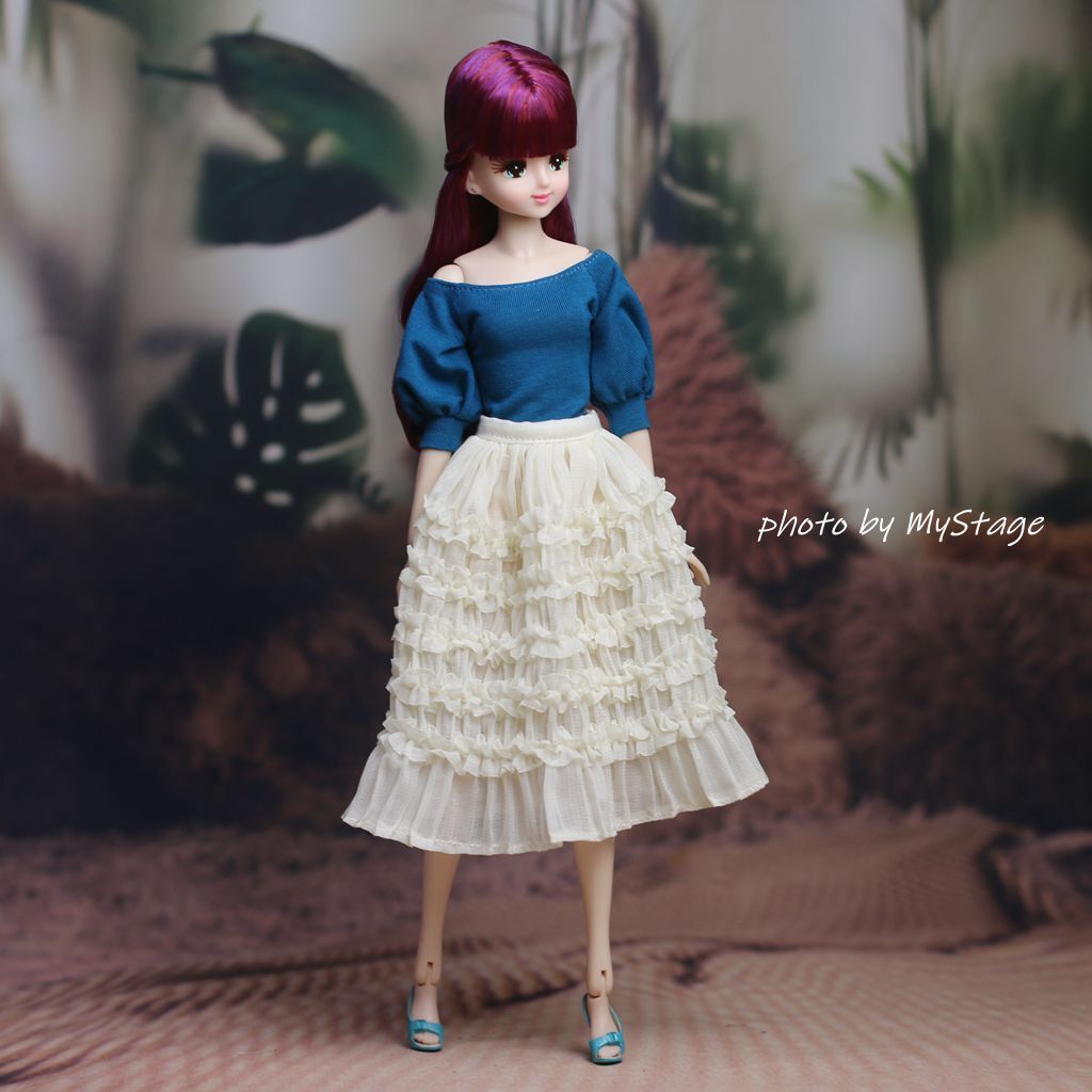 人形服msdr-24-265ターコイズブルー 肩だし長袖トップスとクリームプリーツスカート(momoko/ジェニーなど1/6人形用)拍卖