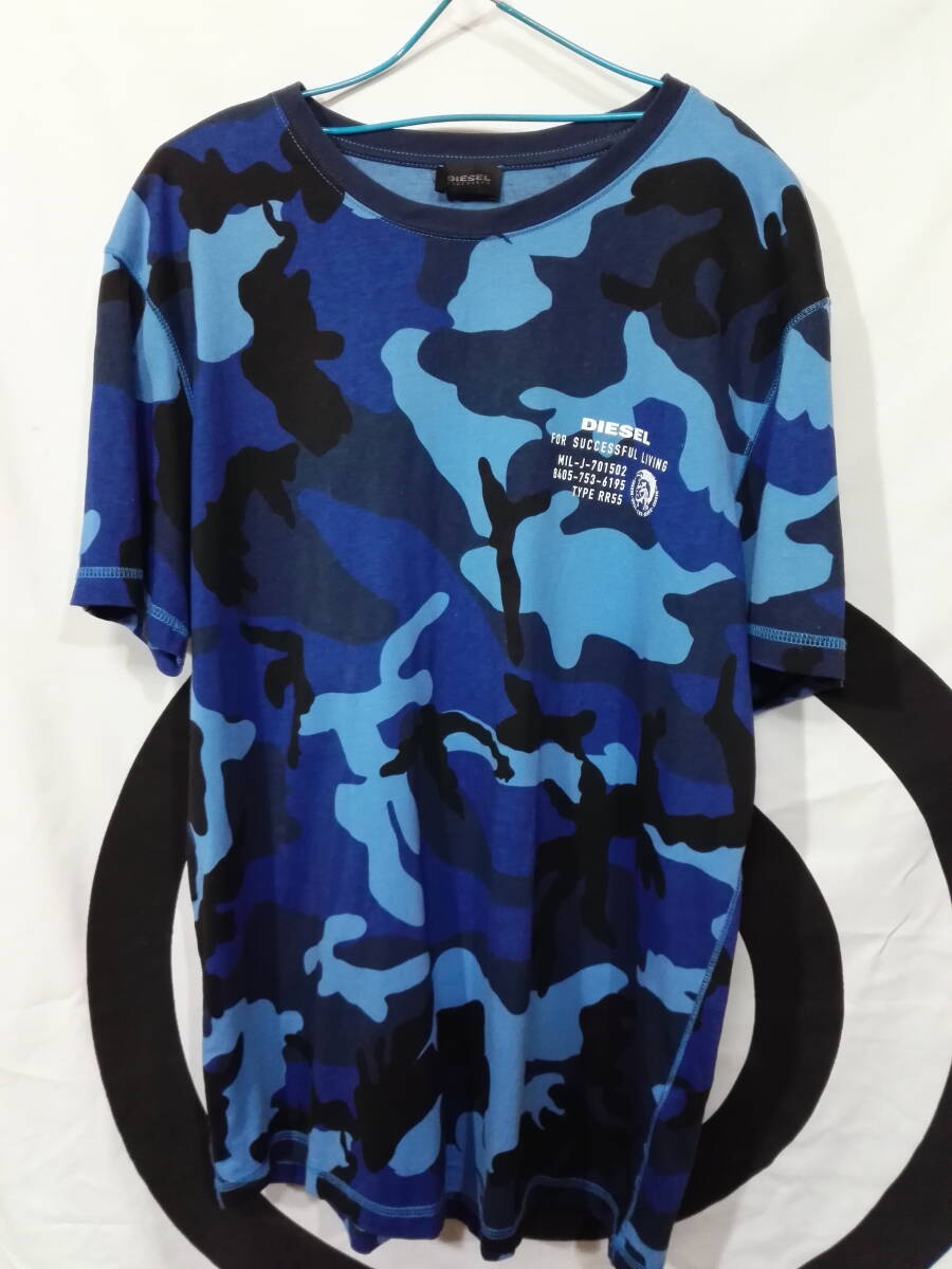 DIESEL ディーゼル 半袖 Tシャツ 迷彩 カモフラ XL ブルー×ブラック ミリタリー メンズ 《美品》拍卖