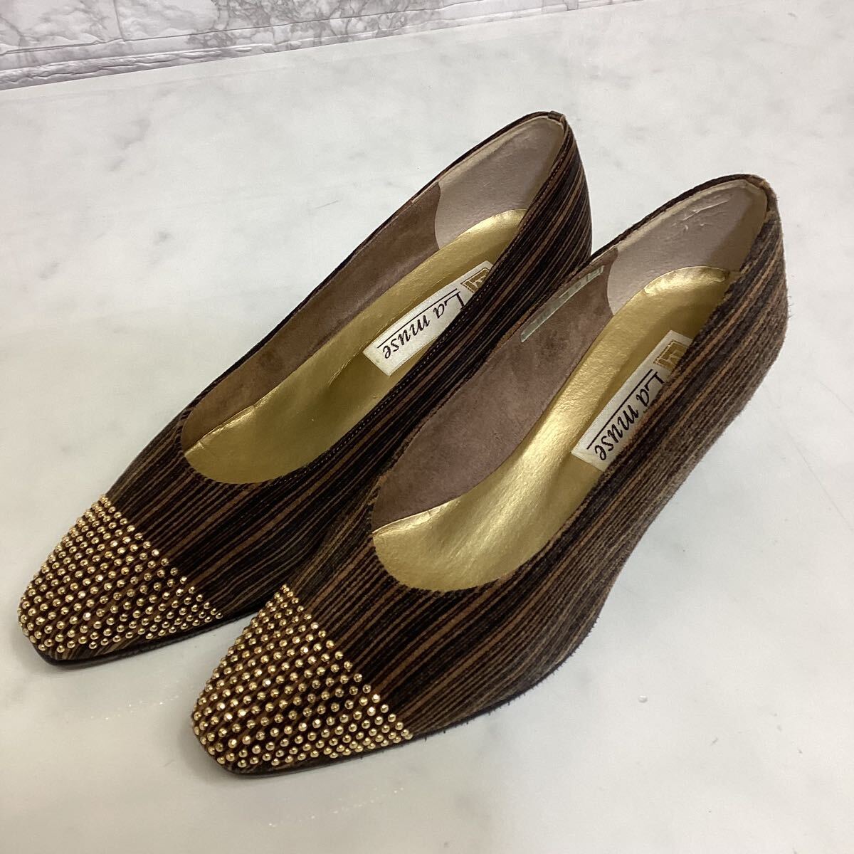 La muse レディース パンプス 秋冬 ブラウン キラキラ 24センチ あ14拍卖