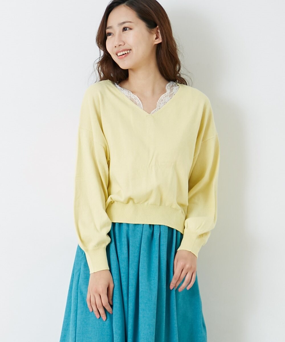 新品 【earth music&ecology】SET2点 Vネックニットプルオーバー+レースインナー ライトイエロー 904★+拍卖
