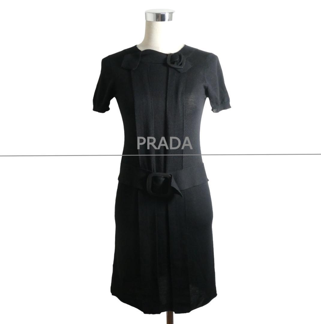 美品 PRADA プラダ サイズ36 シルクミックス 背中ボタン 薄手 半袖 膝丈 ニットワンピース シャツワンピース 黒 ブラック拍卖