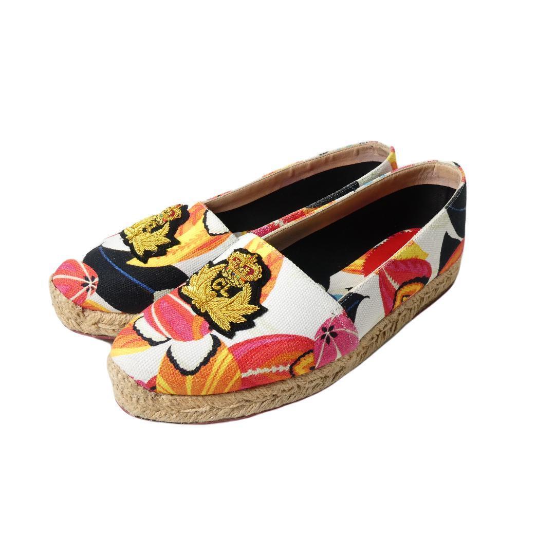 美品 Christian Louboutin クリスチャンルブタン サイズ38 ボタニカル柄 ワッペン キャンバス エスパドリーユ スリッポン マルチカラー拍卖