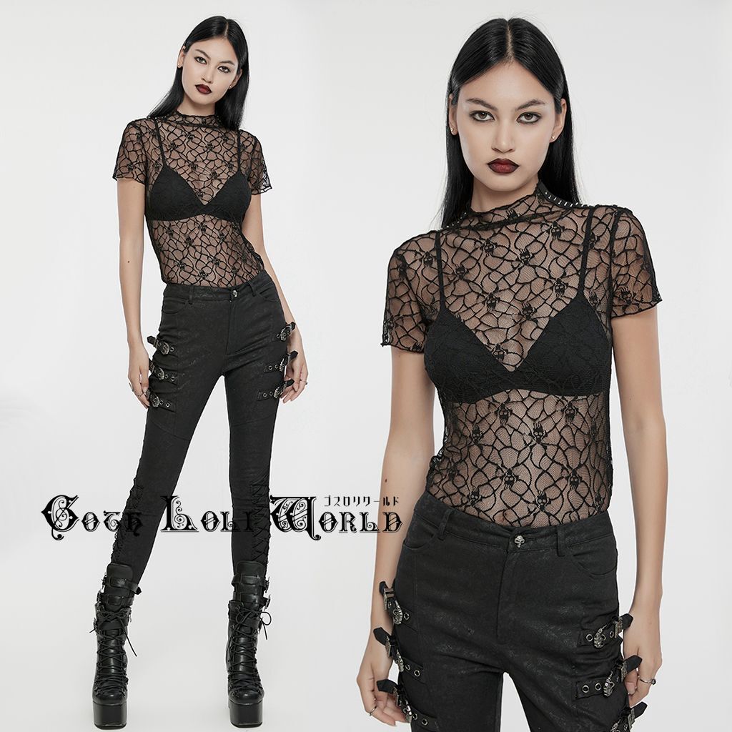 OT-864TDF-BK-XS-S シースルーモックネック半袖スタッズ カットソー 黒色 ゴスロリワールド ゴシック パンク ロック ビジュアル系 V系拍卖