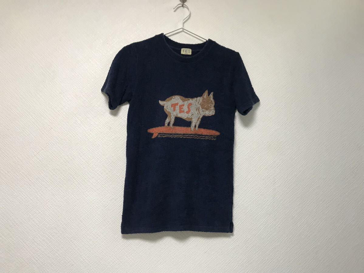 本物テスTESエンドレスサマーTHE Endress Summerコットンドッグ犬プリントタオル生地半袖Tシャツメンズサーフゴルフ紺ネイビーS日本製拍卖
