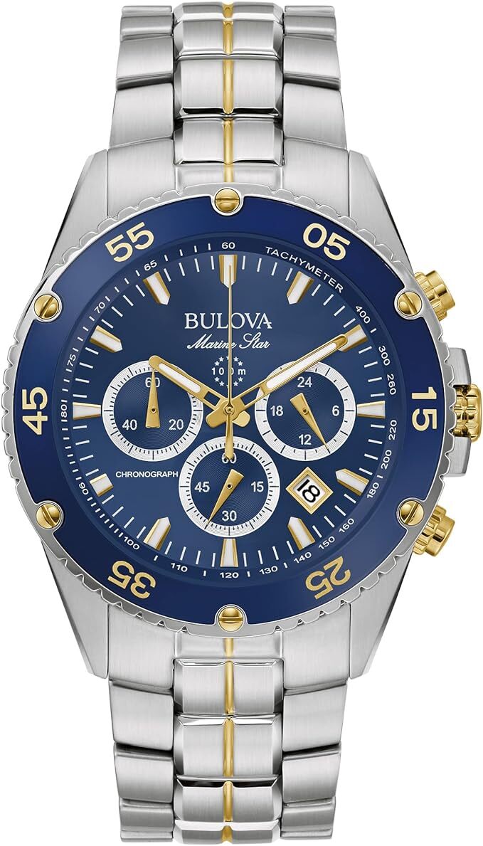 ☆彡 BULOVA プローバ Marine Star 98B400 クロノグラフ タキメーター 100m防水 精悍なブルーダイアル 日本未販売の為入手困難拍卖