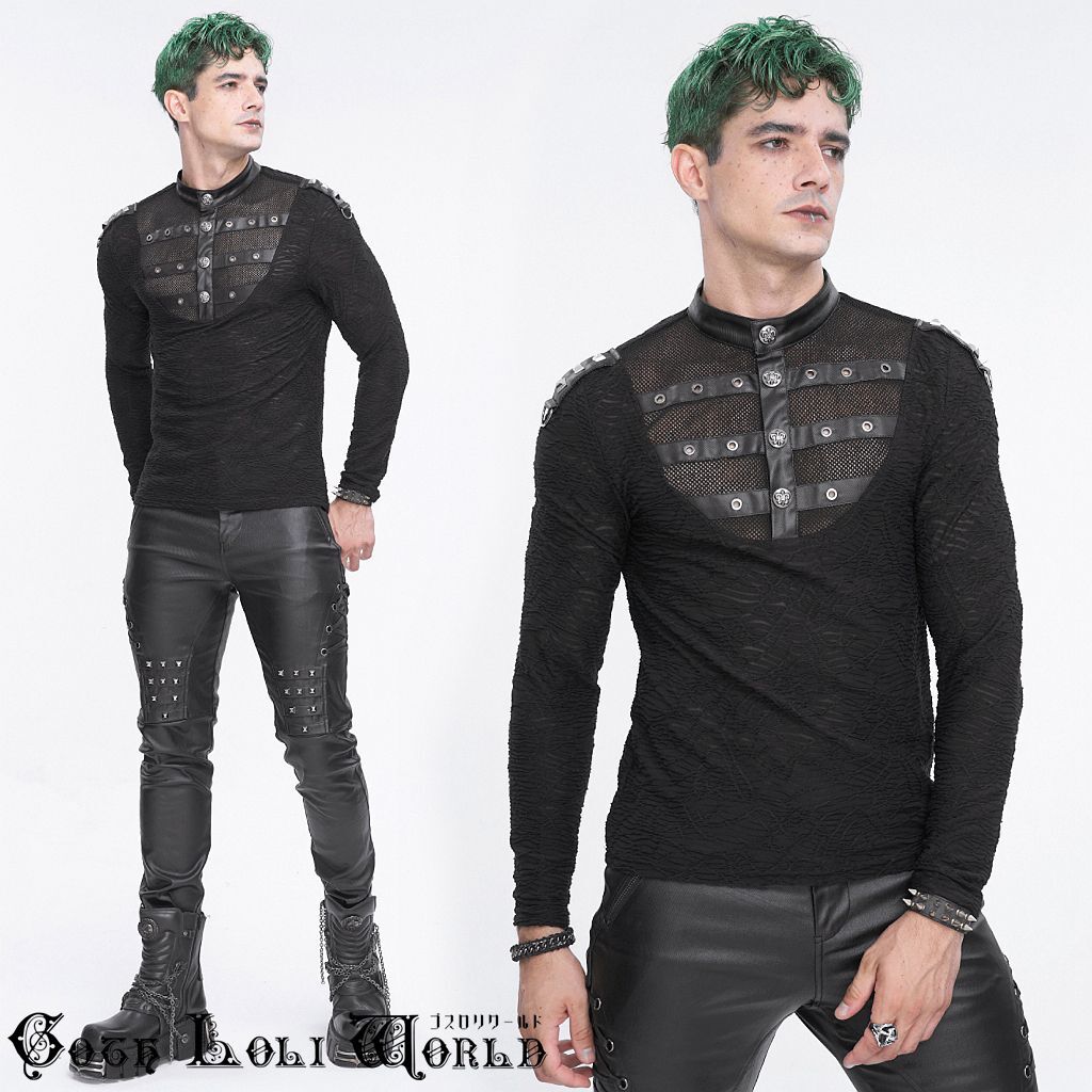 sale TT260-S シャーリングレース スタンドカラー ボタン 長袖 Tシャツ メンズ ゴスロリワールド ゴシック ロック ビジュアル系 V系拍卖