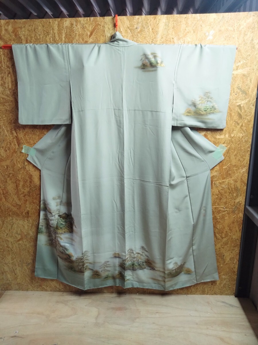 ●13【松島/繭】作家物 銘 落款 淡いグリーン 鶯色 金彩 正絹 着物 豪華絢爛 景色 縁起物 入学 卒業 結婚 式 お宮参 七五三 訪問着 中古 ①拍卖