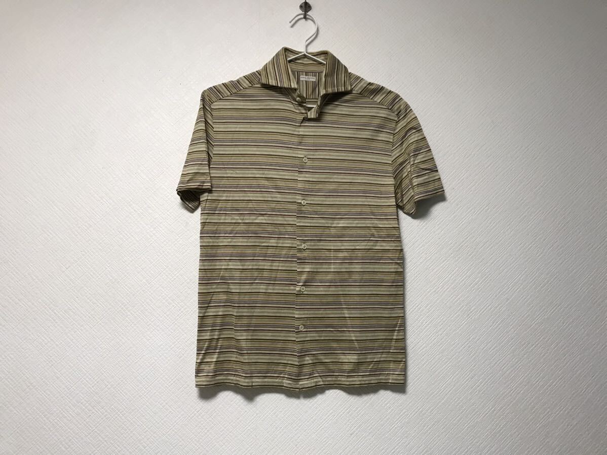 本物パオロペコラPAOLOPECORAコットン光沢マルチカラーボーダー柄ドレス半袖シャツメンズサーフアメカジビジネスモードイエローSイタリア製拍卖