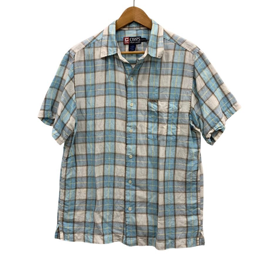 極美品◆チャップス ラルフローレン シャツ 半袖 90年代 チェック リネン コットン メンズ ブルー サイズS CHAPS Ralph Lauren 【AFB2】拍卖