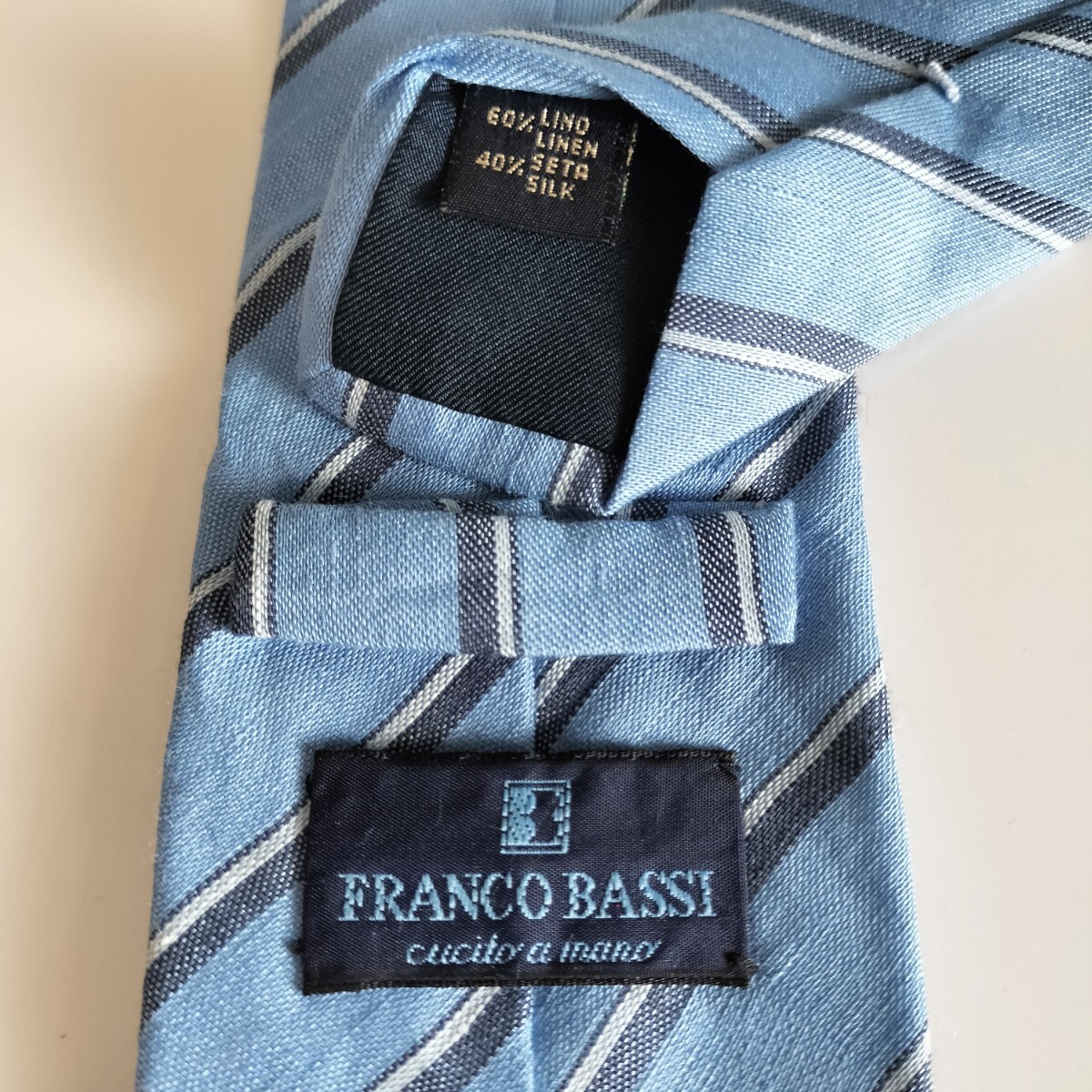 FRANCO BASSI(フランコバッシ)水色グレーストライプネクタイ拍卖