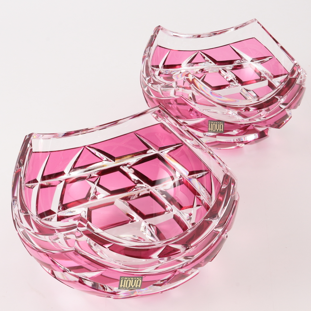 ◆◇HOYA CRYSTAL ホヤ クリスタルガラス ボウル 2客 色被せ切子 深皿 菓子器 食器◇◆拍卖