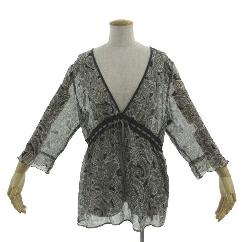 キース KEITH ブラウス シースルー 七分袖 リボン 切替え 裾ファスナー 日本製 ペイズリー柄 総柄 グレー マルチカラー 44拍卖