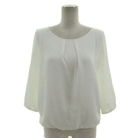 green label relaxing ユナイテッドアローズ ブラウス 七分袖 裾ゴム 切替え コットン混 シャドーストライプ オフ白 レディース拍卖