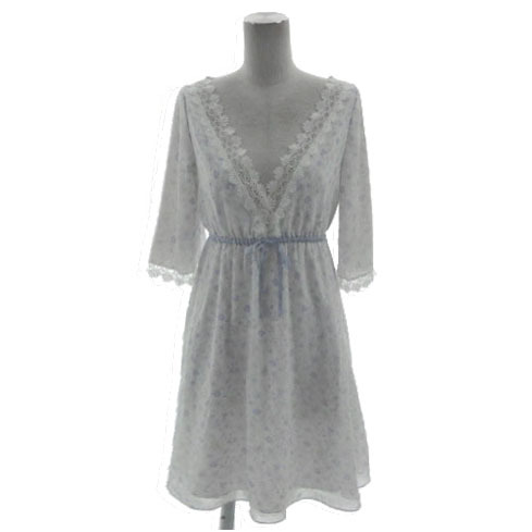 マーキュリーデュオ MERCURYDUO ワンピース Vネック レース切替 五分袖 フレアスリーブ ひざ丈 ウエストゴム リボン 花柄 白 紫 ピンク拍卖