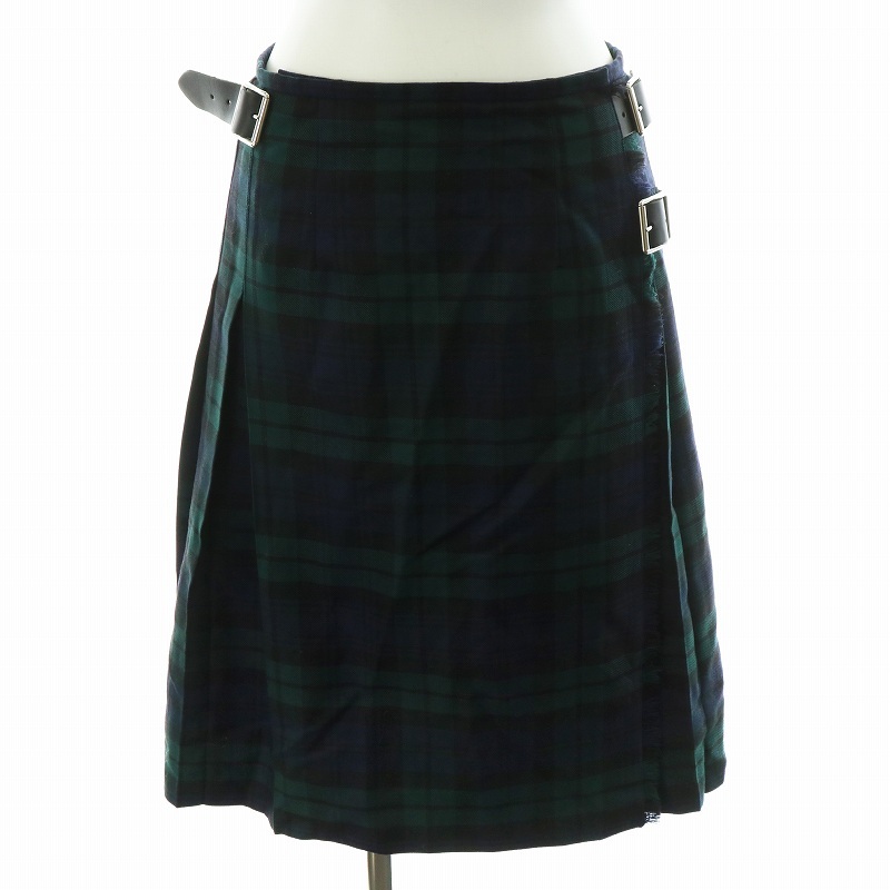 オニール オブ ダブリン O'NEIL OF DUBLIN ラップスカート プリーツスカート ひざ丈 チェック柄 ウール F38 M 緑 グリーン 紺拍卖