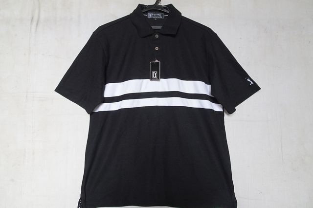 PGA TOUR/ピージーエーツアー/半袖ポロシャツ/ゴルフウェア/鹿の子素材/胸白ライン切替/裾サイドスリット/黒/ブラック/Lサイズ(8/21R)拍卖