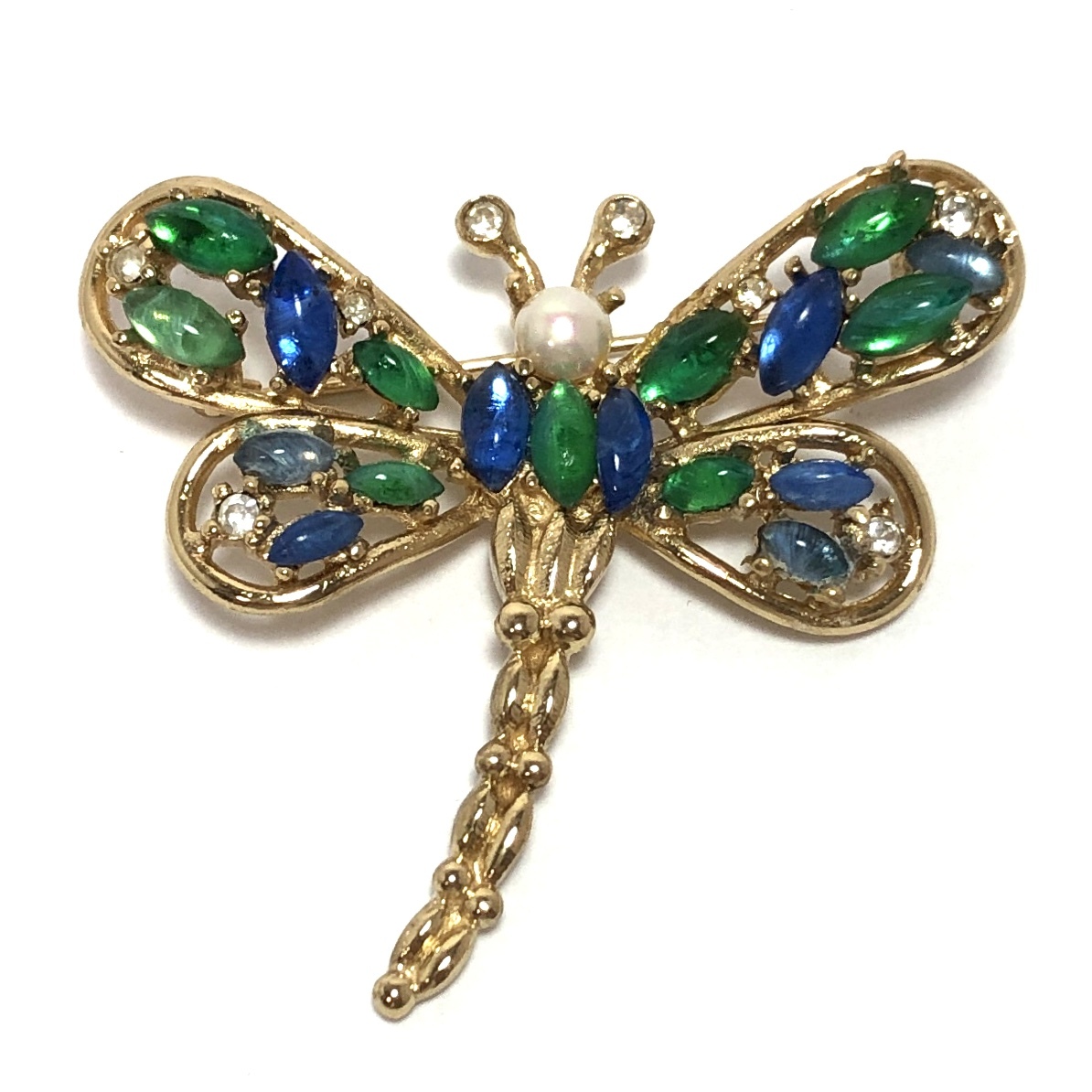 *Christian Dior ブローチ とんぼ カラーストーン パール ゴールドカラー アクセサリー ヴィンテージ トンボ クリスチャンディオール拍卖