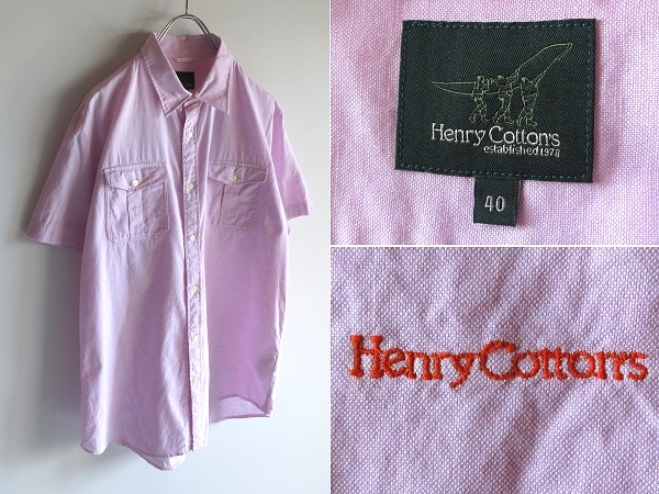 ネコポス対応 Henry Cotton's ヘンリーコットンズ ロゴ刺繍 コットンリネンオックスフォード 半袖 シャツ 40 ライトピンク 国内正規品拍卖