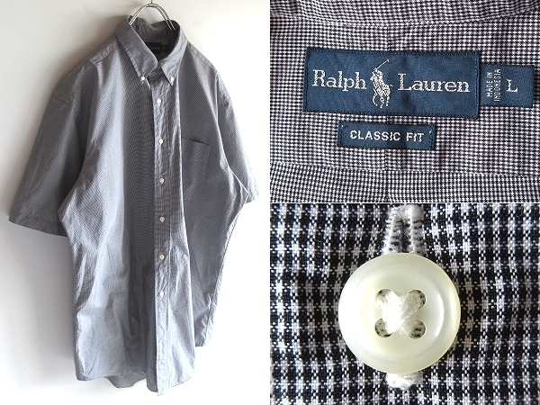 希少 90sビンテージ Ralph Lauren ラルフローレン CLASSIC FIT コットン マイクロチェック BDシャツ L 黒 白 USA企画 ネコポス対応拍卖