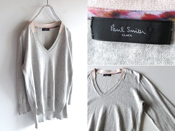 ネコポス対応 Paul Smith BLACK ポールスミス ブラック 襟カラー切替 サイドスリット Vネック ハイゲージ コットンニット M グレー拍卖