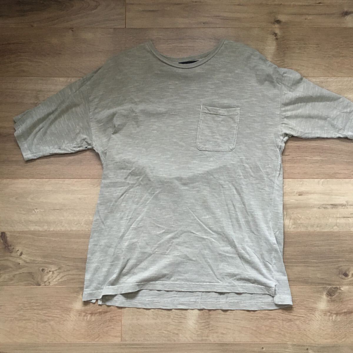 アメリカコットン古着 半袖ポケット付Tシャツ Lサイズ 美品 ポケT 薄深緑縞系拍卖