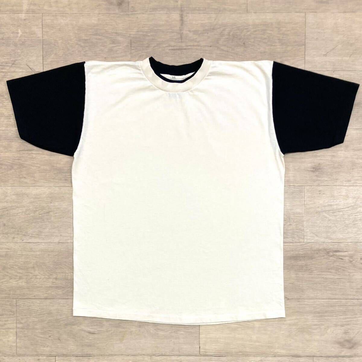 90s【BELTON DESIGNER KNITS】Tシャツ size L USA製 袖裾シングル ライトベージュ×ブラック ボックスシルエット 無地 切り替え/ベルトン拍卖