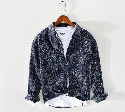 ★絶対買い WILD ペイズリー バンダナ コットン シャツ サイズM?3XL メンズ 高級 ヴィンテージ 総柄 アロハ 大きいサイズ レトロ ネイビー拍卖