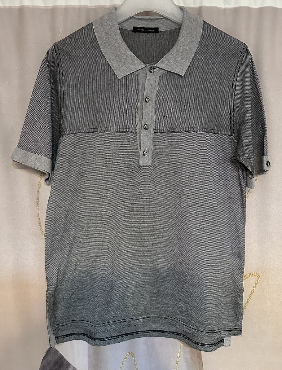 ロベルトコリーナ ストライプボーダー 切り替え ニットポロシャツ グレー拍卖