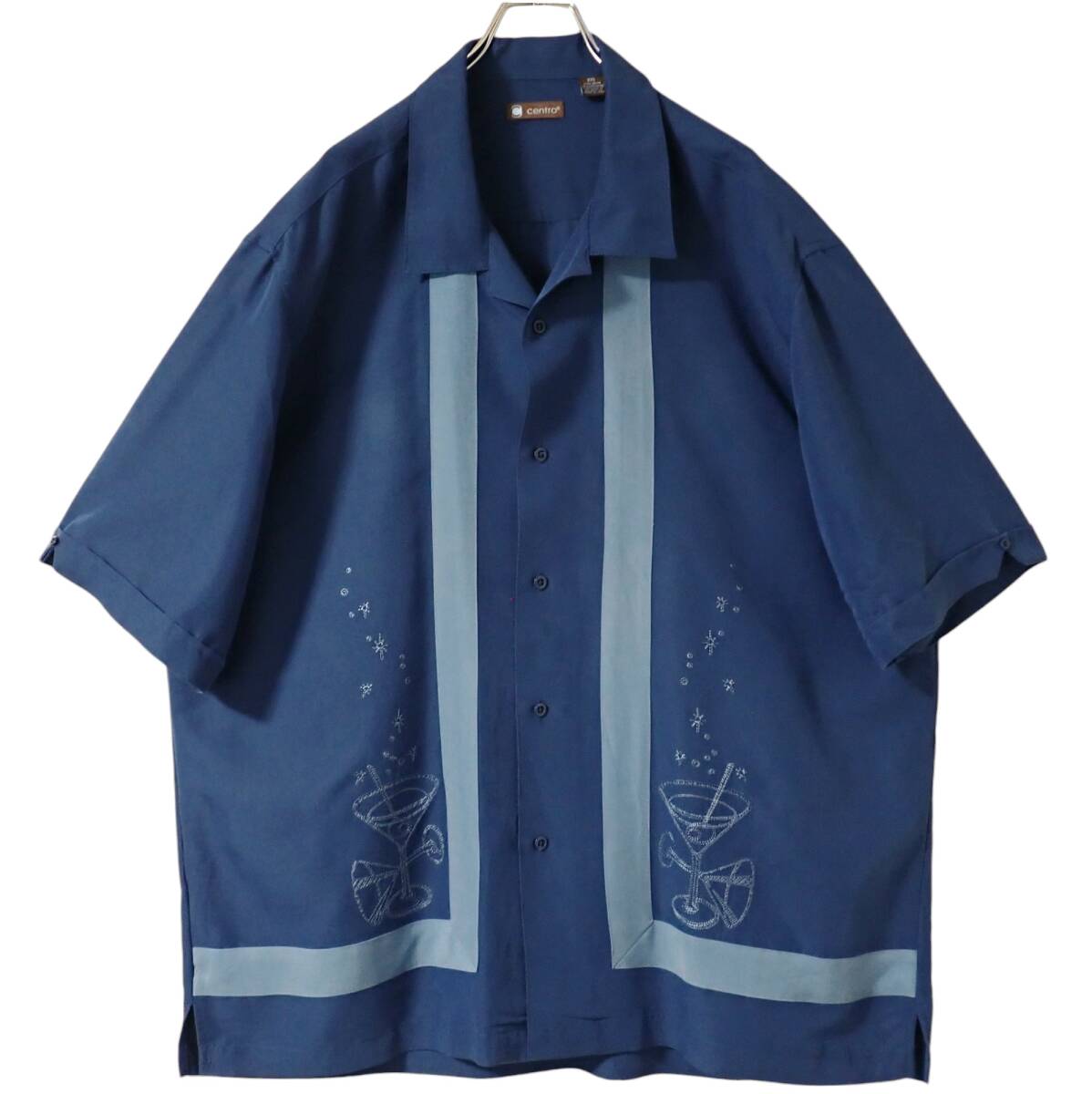 6067/centro ショートカクテルグラス刺繍入り 半袖オープンシャツ XXL●くすみ色フィフティーズスタイル ロカビリー Rock'n'Roll 古着古着拍卖