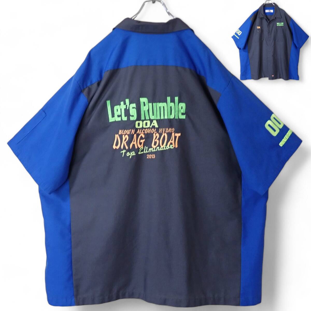 6006/良好 RED KAP 半袖 ワークシャツ 3XLビックサイズ●MILLER MOTORSPORTS Let's Rumble DRAG BOAT 洗濯プレス済●ネコポス可●古着●拍卖