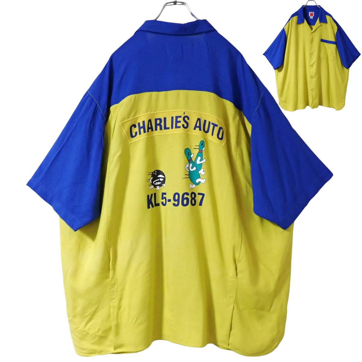 5968/COLOR WORKS 半袖ボーリングシャツ 2X●逃げるボーリングピン追いかけるボール●ロカビリー Rock'n'Rollフィフティーズスタイル●古着拍卖