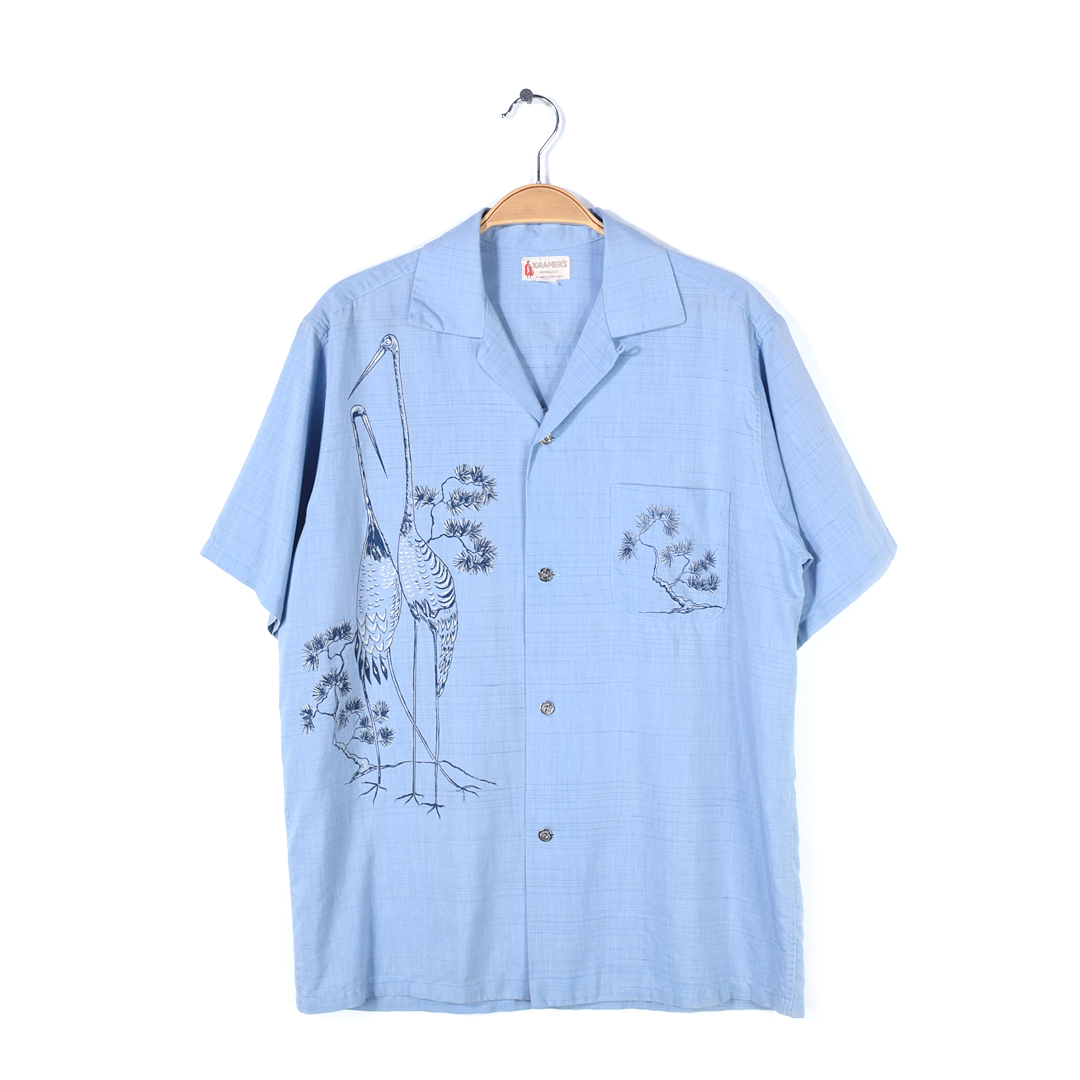 【送料無料】50s KRAMER'S HONOLULU 和柄 鶴 松 ヴィンテージシャツ 古銭ボタン アロハシャツ 開襟 サイズS 古着 @CCB1125拍卖