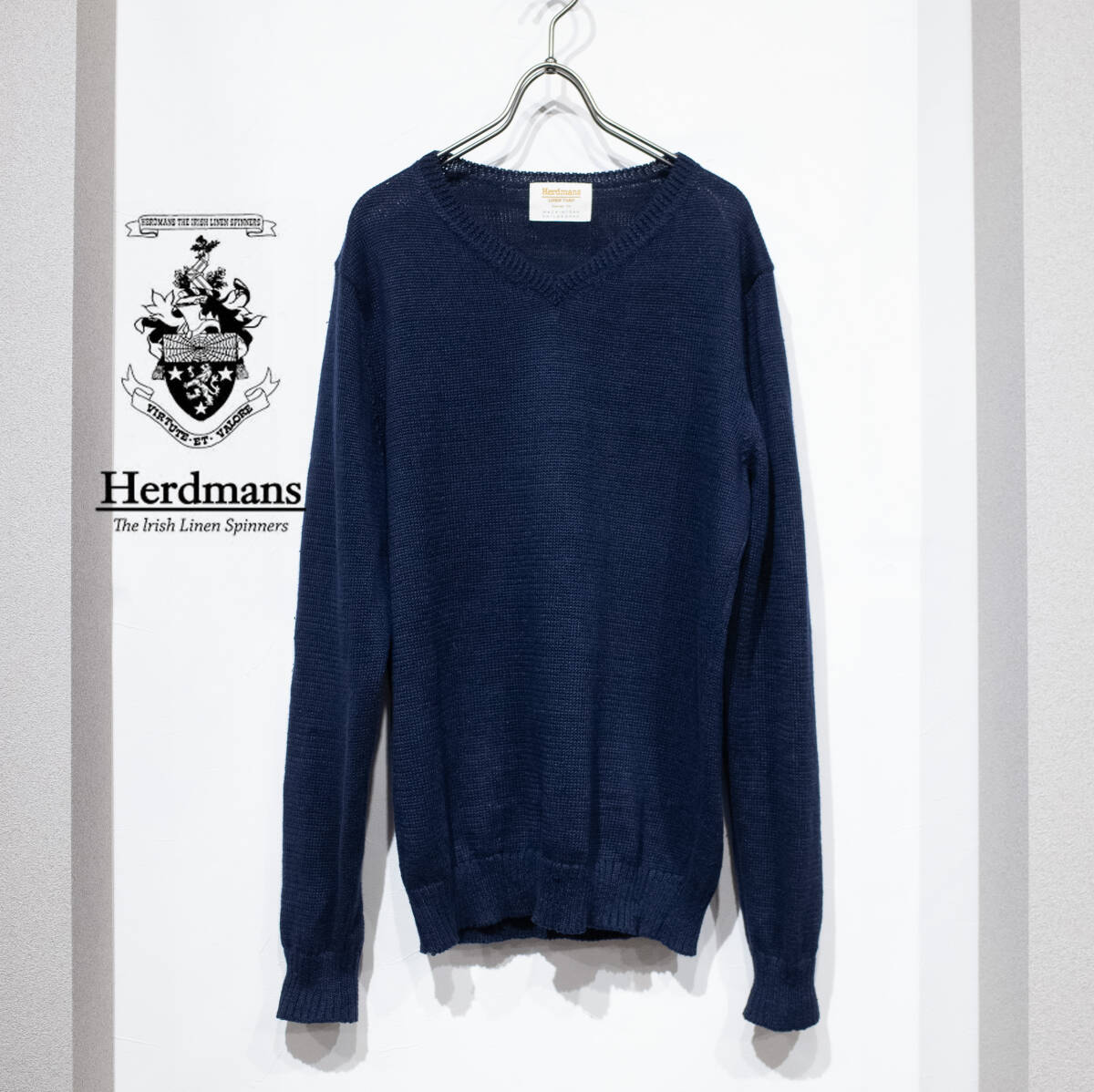 38 (M相当)/ Heardmans Linen ハードマンズ リネン MACKINTOSH PHILOSOPHY Vネック アイリッシュ リネン ニット セーター ネイビー 濃紺拍卖