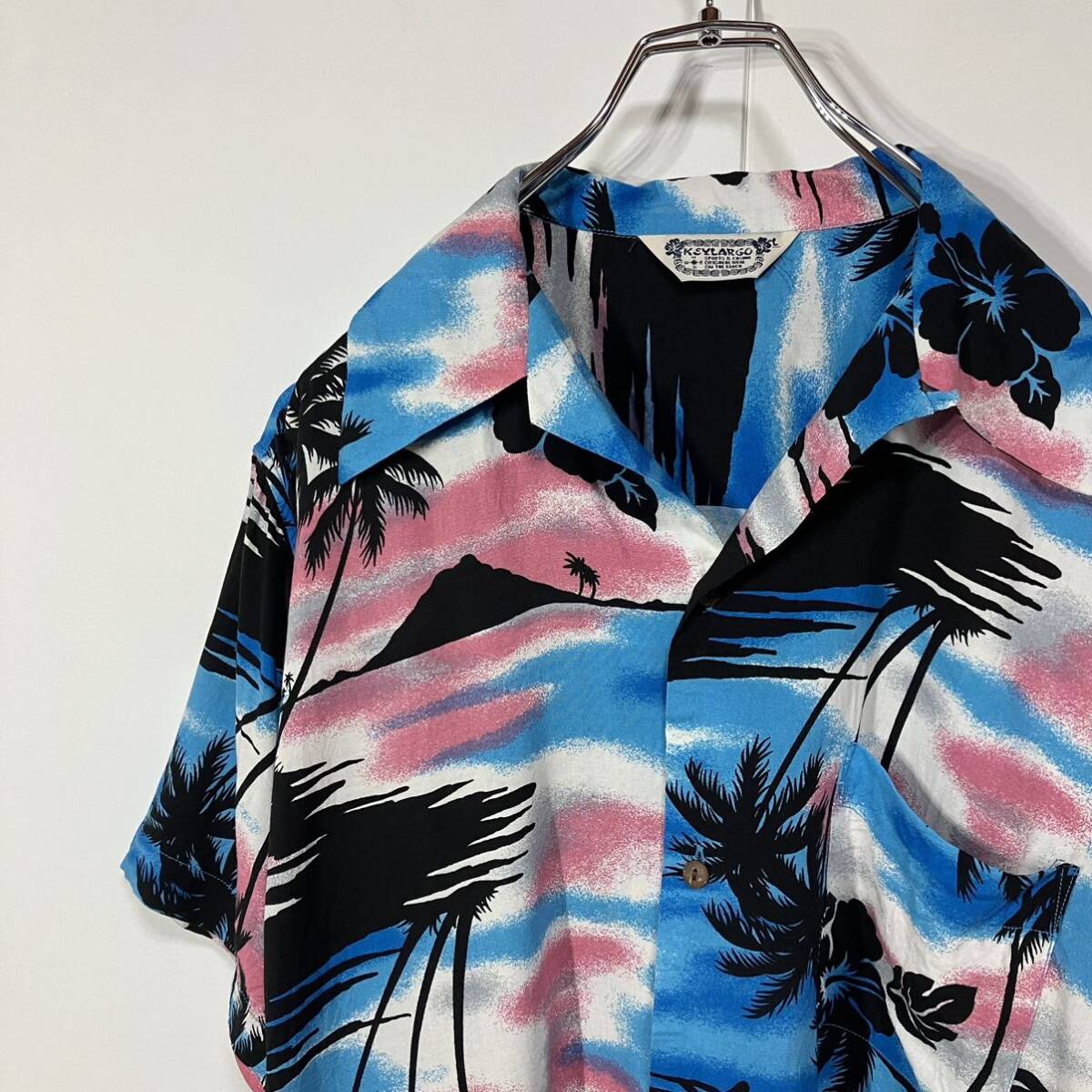 古着 ボタニカル 景色 デザイン ポケット 開襟 オープンカラー スクエアカット レーヨン 半袖 シャツ ブルー ピンク ブラック ホワイト拍卖