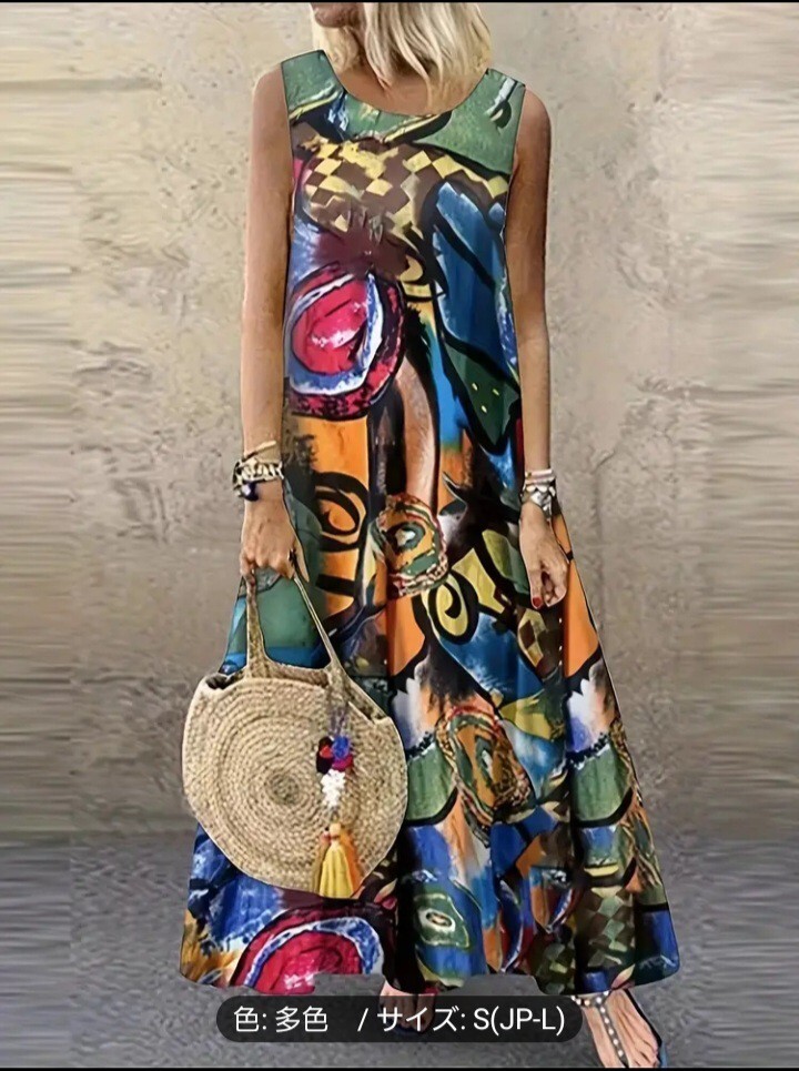 新品大きいサイズLマキシワンピースアプストラクトプリントクルーネックタンクドレス拍卖