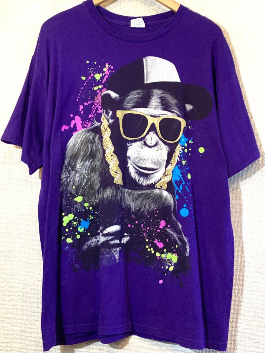 GILDAN★Y2K★2010's★Tシャツ★アニマルプリント★モンキー★DJ★B-BOY★猿★USA★ギルダン★ビンテージ★パープル★ビビッド★蛍光紫拍卖