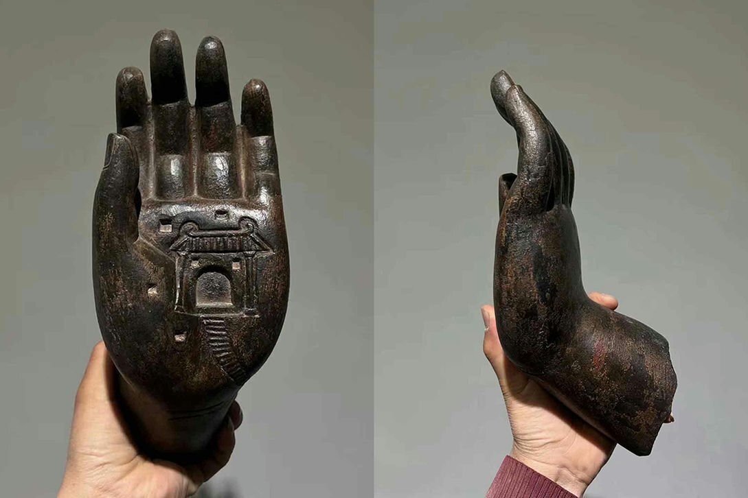 ▼渡鶴羽▼P386北魏時代 青石仏手 青石細密彫★仏像★仏教古美術★仏師手作り品★寺院引取品拍卖