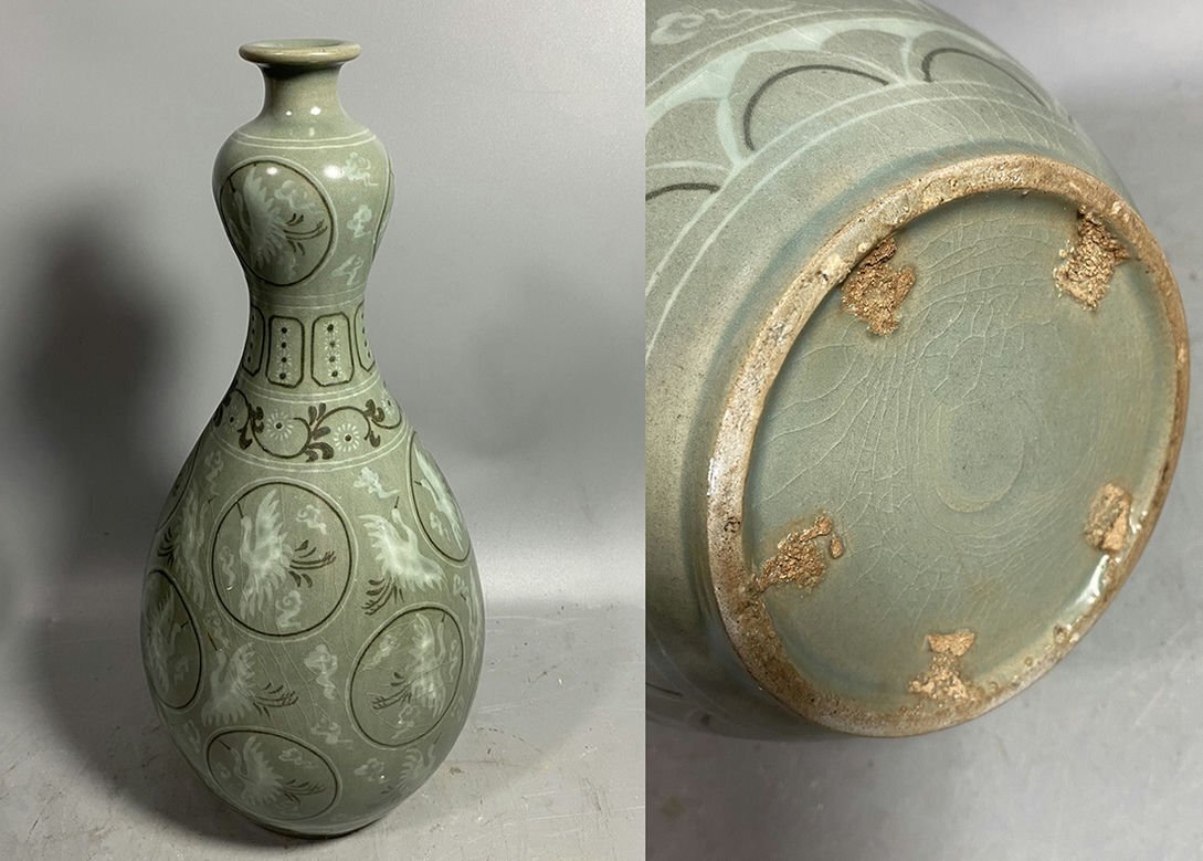 ▼渡鶴羽▼P707朝鮮珍品 朝鮮 高麗磁 朝鮮古陶磁器 古高麗 李朝時代 高麗青磁瓶拍卖