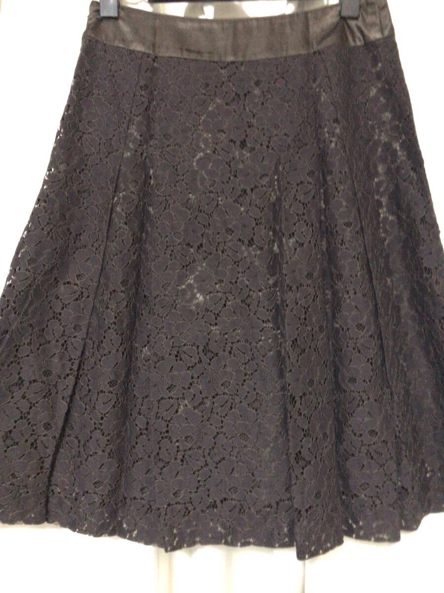 スカート☆ひざ丈☆レース柄☆ブラウン系☆64☆裏地付☆フレア☆焦茶色系☆拍卖
