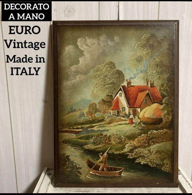 ヨーロッパヴィンテージイタリア製DECORATO A MANOウッドアート木製板ウォール壁掛け絵画プラーク ユーロアンティーク雑貨拍卖
