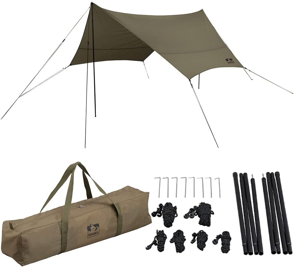 【新品】 アイリスオーヤマ ヘキサタープ タープ 4.4×4.4m キャンプ用品 アウトドア ポール付き 高耐水 張り網 反射材入り カーキ拍卖