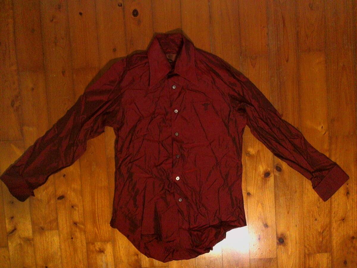 松☆国産☆ヨシユキ コニシ☆YOSHIYUKI KONISHI☆絹 シルク ダブルカフス 長袖シャツ ドレスシャツ 2 エンジ ワインレッド 玉虫 ドン小西拍卖