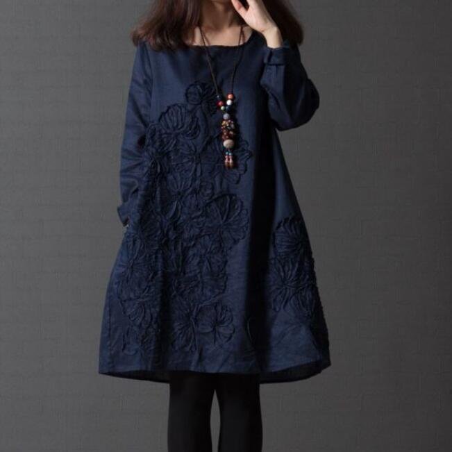 LRM2790★秋チュニックワンピース 普段着 体型カバー お花刺繍 コットンリネン 綿麻 大きいサイズ チュニックワンピース S~2XLサイズ拍卖