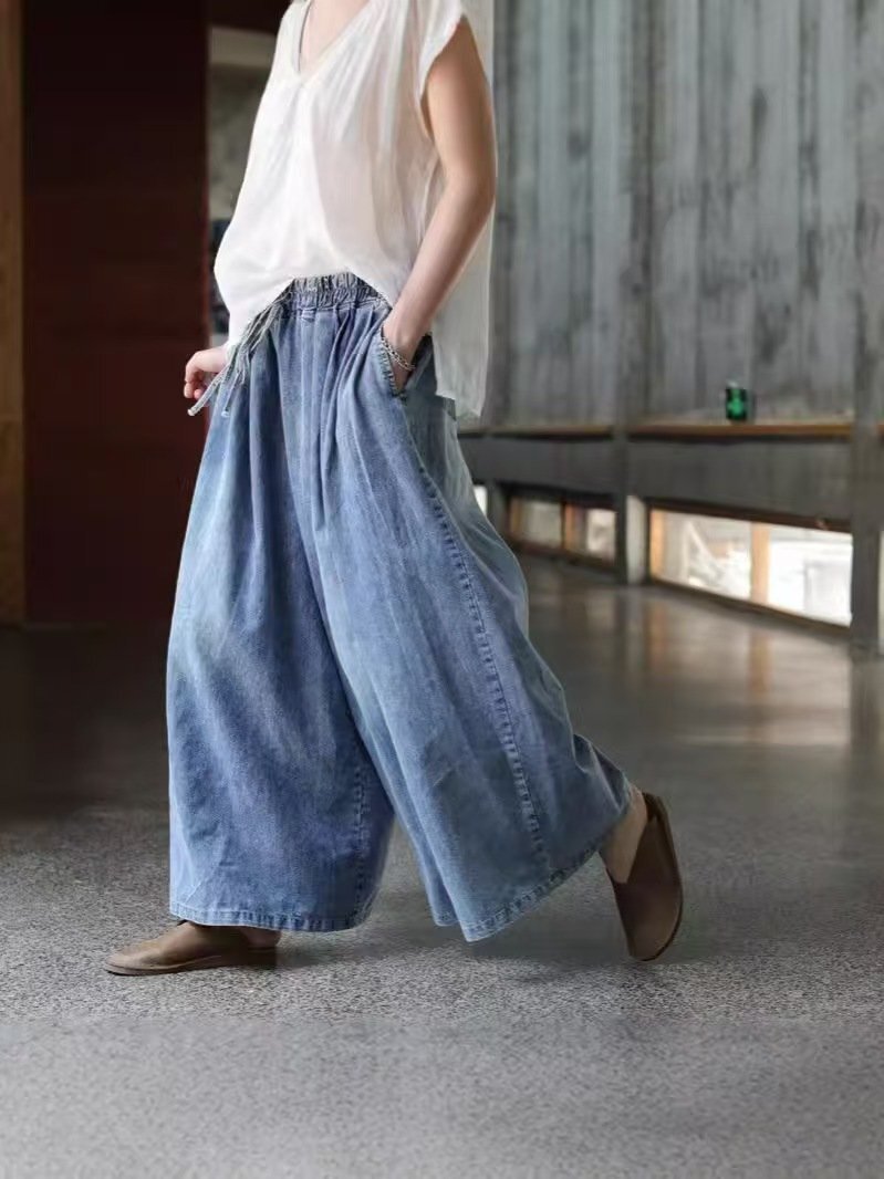 LRM2890★ワイドパンツ レディース デニムパンツ ジーンズ ジーパン サルエル ガウチョ ロング丈 コットン アメカジ ウエストゴム 大人気拍卖