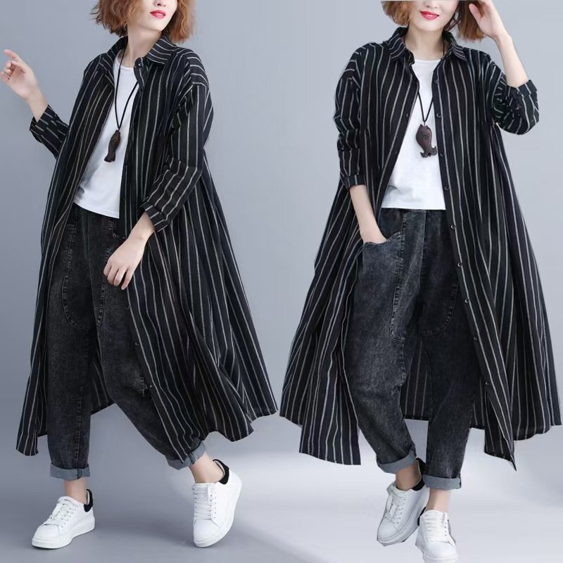 LRM2697★新品ストライプ柄*ボーダーカジュアルゆったり大きいサイズ*体型カバー長袖*綿麻*シャツロングワンピース*カーディガン拍卖