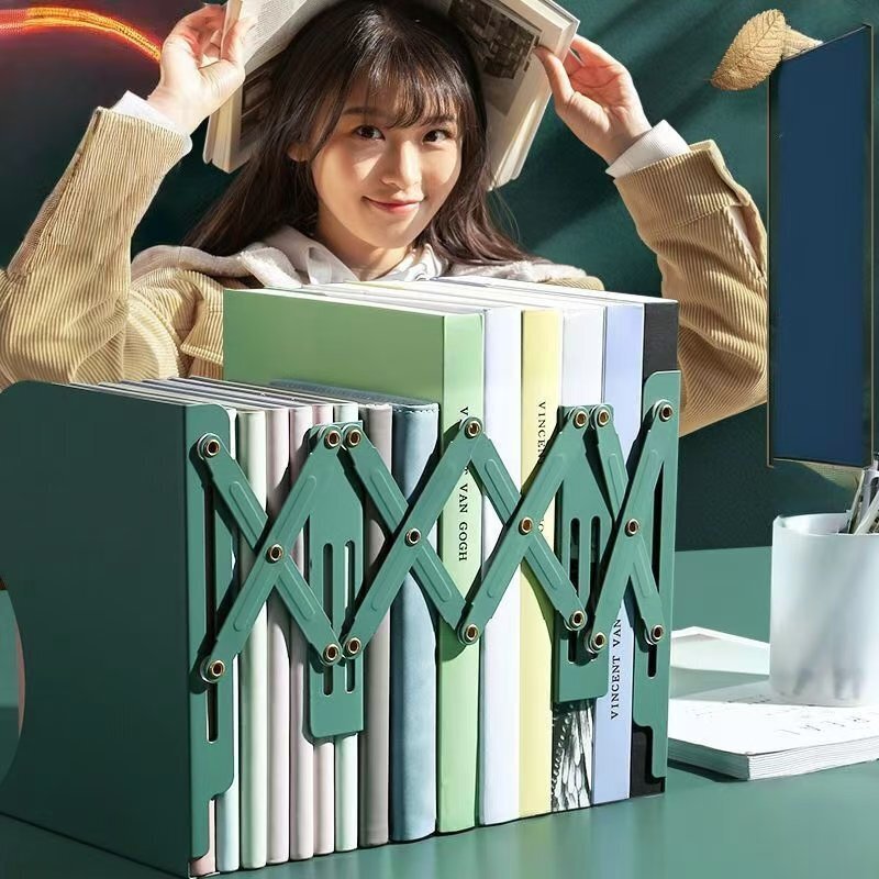 LRM2999★卓上本棚 ラック 本立て ブックスタンド 伸縮自在 ペン立て付き 金属製 卓上収納 仕切りスタンド デスク整理 ダークグリーン拍卖