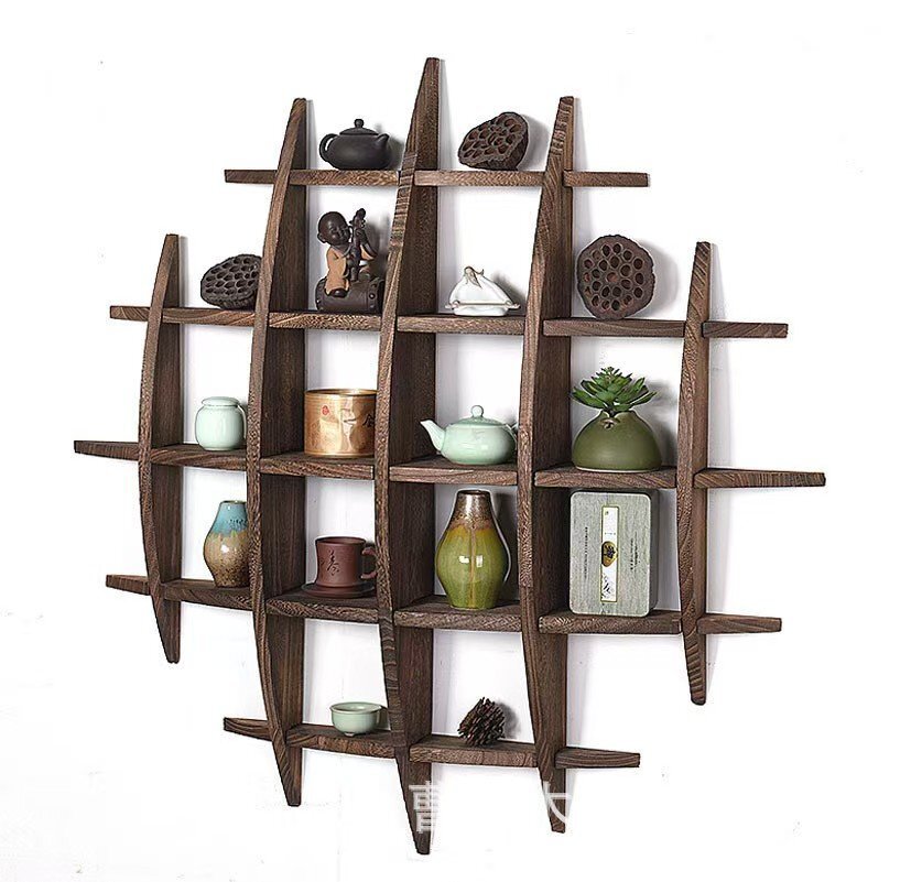 LRM3274★茶碗ラック 茶器展示棚 ソリッド・ウッド 茶道 置物台 材質 桐の木 モダン 茶具収納棚 壁掛け拍卖