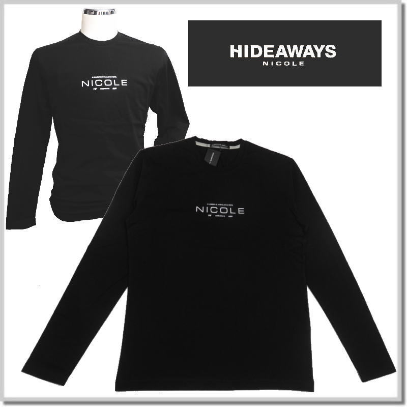 新品未使用! ハイダウエイ HIDEAWAYS NICOLE 激シルケットロゴプリント長袖Tシャツ 4465-9130-92(BLACK)-50(XL) ロンT カットソー拍卖