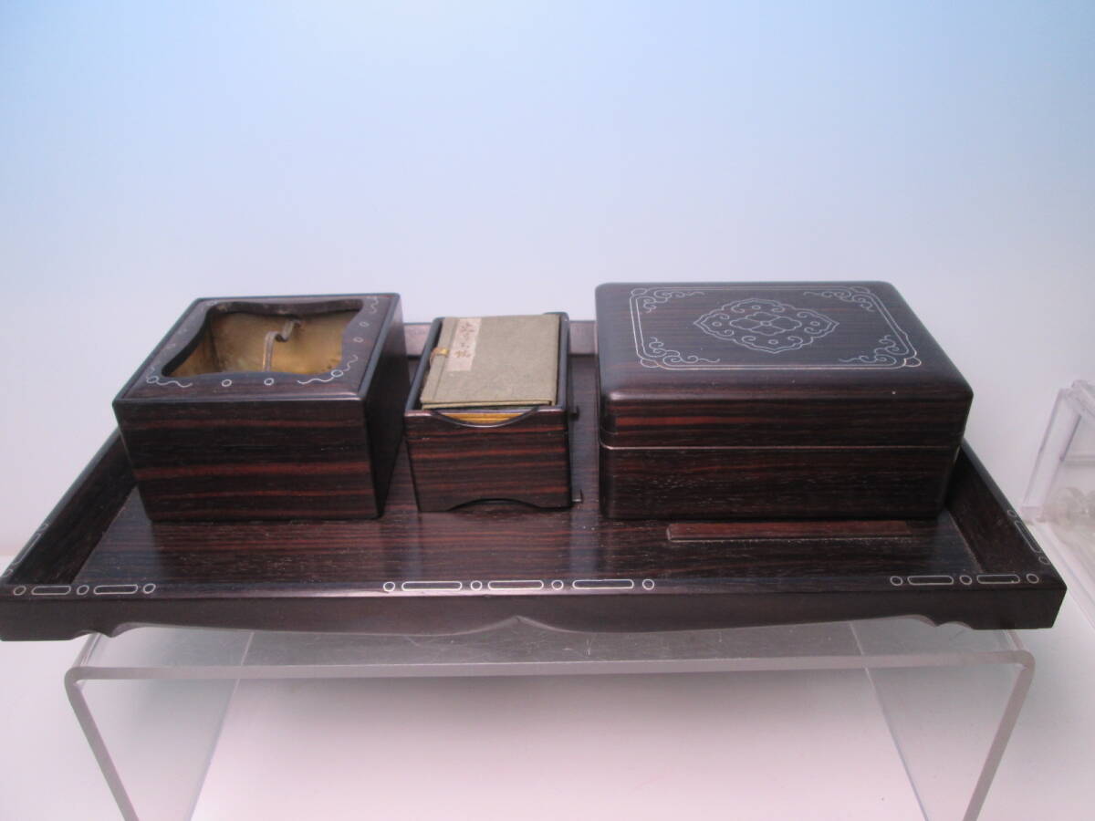 ☆時代道具 黒檀 銀象嵌 煙草盆セット 煙草唐木小箱/灰皿/マッチ入れ 木箱付 茶道具/茶席待合拍卖